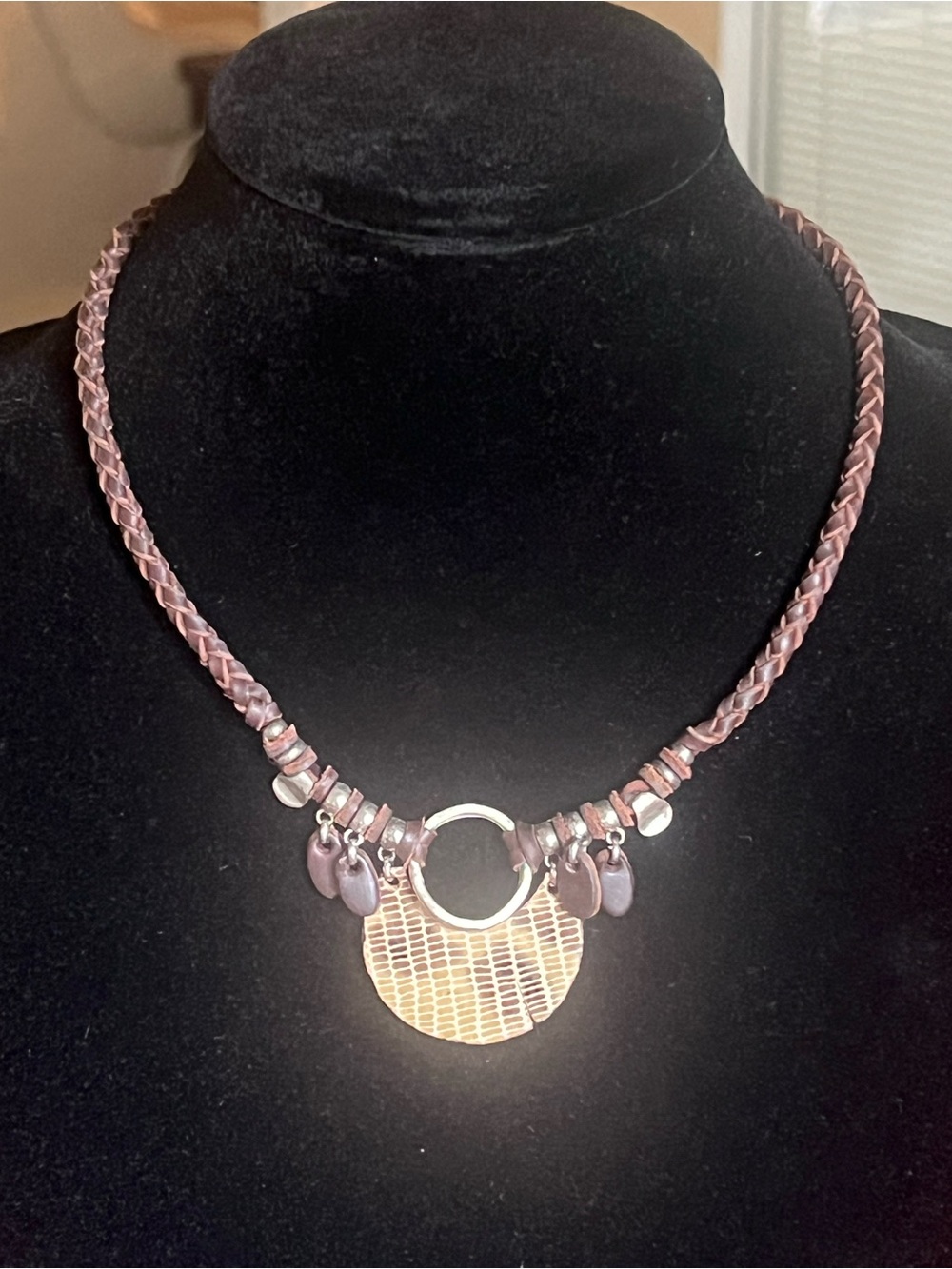 Brown Braided Leather Necklace with Textured Gold Disc Pendant